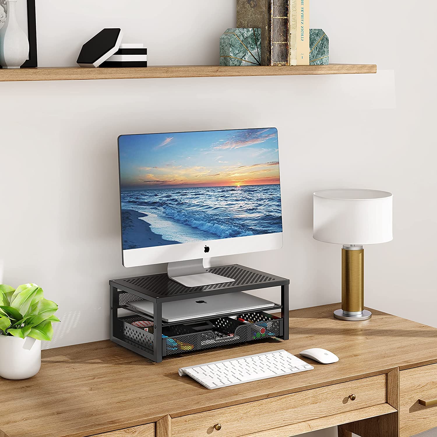 Simple Trending-Metal Monitor Stand Riser and Computer Desk Organizer with Drawer for Laptop, Computer, iMac, Black - Image 2